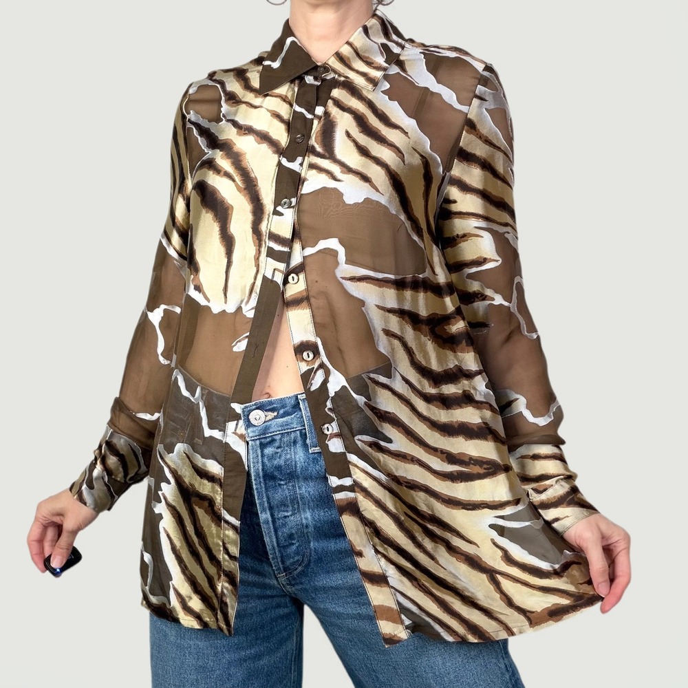 Sharon‎ Young Tiger Zebra Silk Sheer Button Down Blouse Animal Print Brown M